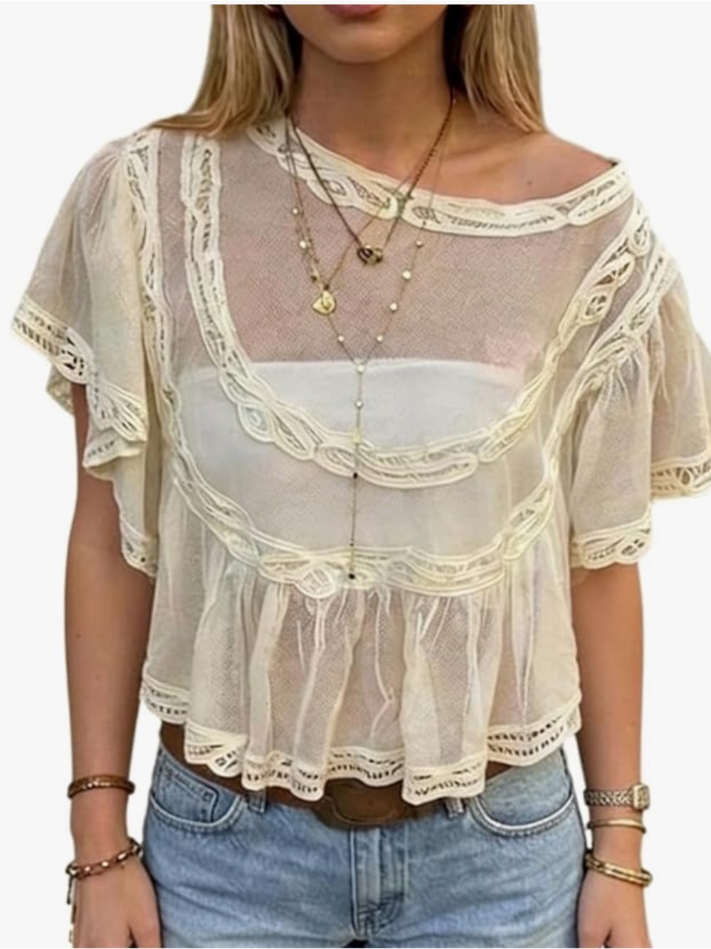 Chic Nation Cream Sheer Lace Peplum Blouse
